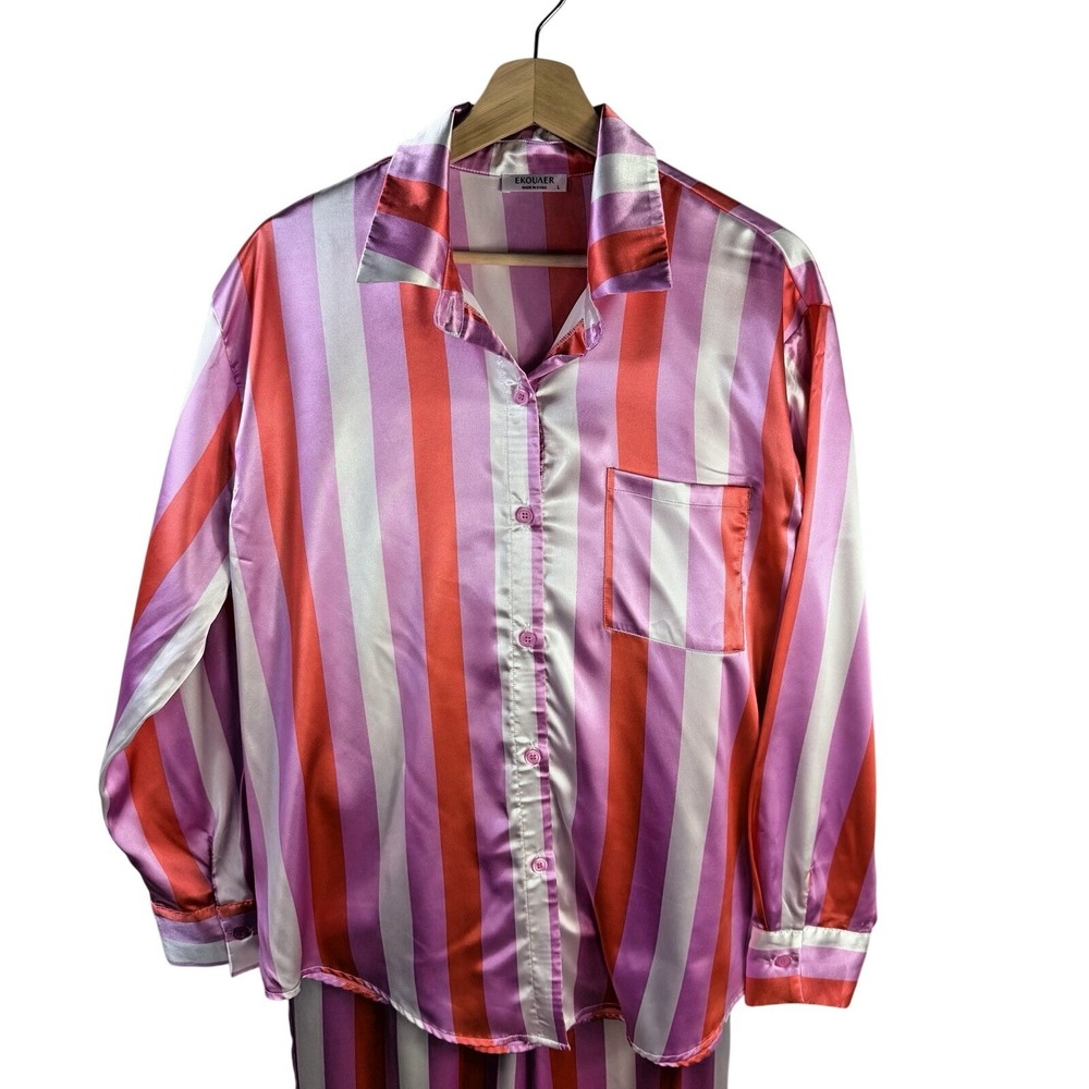 Ekouaer Silky PJ Set Women's Button Down Long Sleeve Top & Pants Pink Stripe L - Picture 2 of 6
